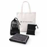 The Move Together Kit by GiftNYou with black skipping rope with mesh storage pouch, grey sports towel, black drawstring storage pouch on a white background