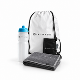 The Team Fitness Essentials Kit by GiftNYou with white sports bottle with blue cap, grey sports towel, black drawstring storage pouch on a white background