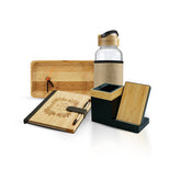 Set Of Glass Bottle, Pen Holder with Charger, Notebook & Desk Clock