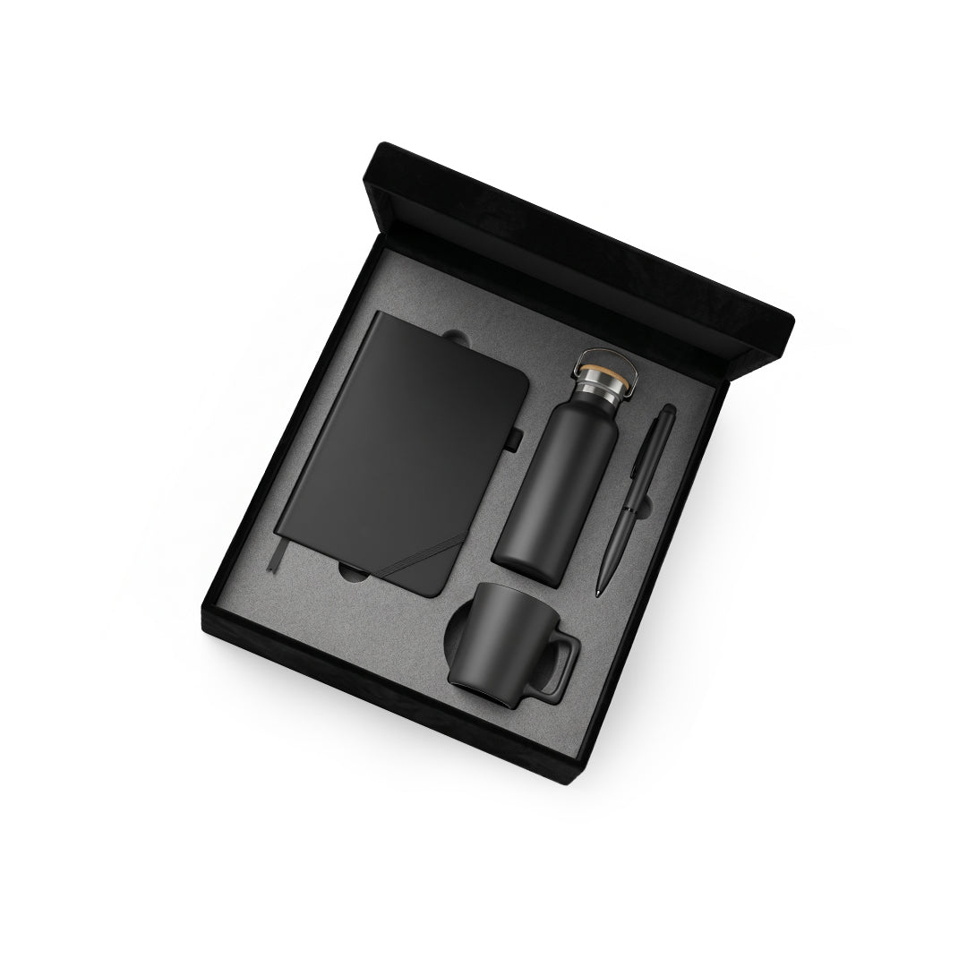 Set Of Notebook, Pen, Ceramic Cup & Stainless Steel Bottle - Black