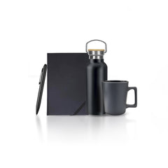 Set Of Notebook, Pen, Ceramic Cup & Stainless Steel Bottle - Black