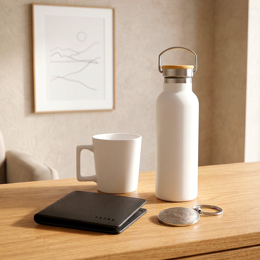 Set of Cup, Bottle, Keychain & Wallet