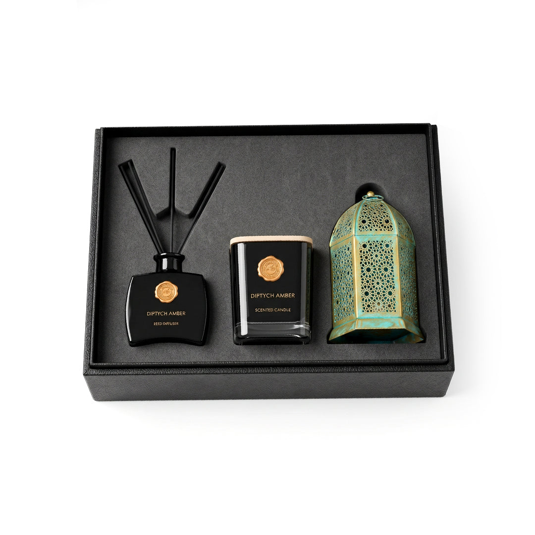 Set Of Metal Lantern, Scented Jar Candle & Reed Diffuser