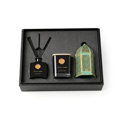 Set Of Metal Lantern, Scented Jar Candle & Reed Diffuser