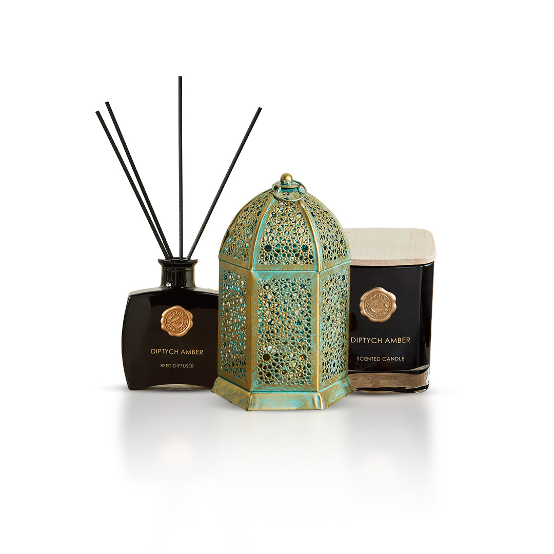 Set Of Metal Lantern, Scented Jar Candle & Reed Diffuser