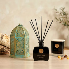 Set Of Metal Lantern, Scented Jar Candle & Reed Diffuser