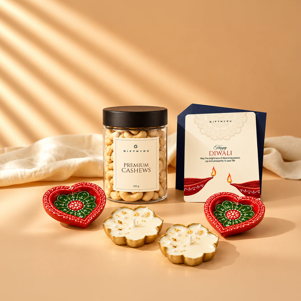 The Diwali Golden Glow Box by GiftNYou in a festive lifestyle setting