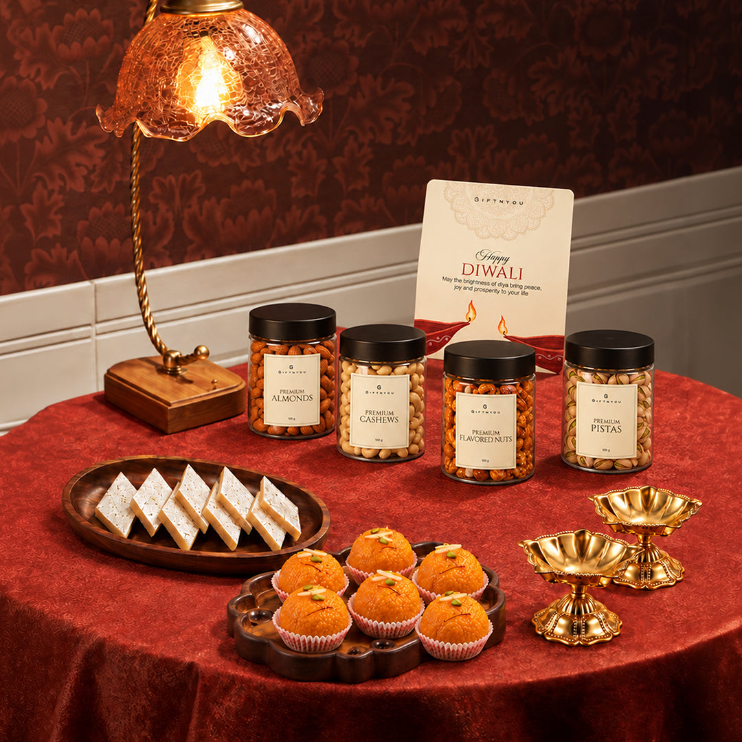 The Diwali Abundance Hamper by GiftNYou in a festive lifestyle setting