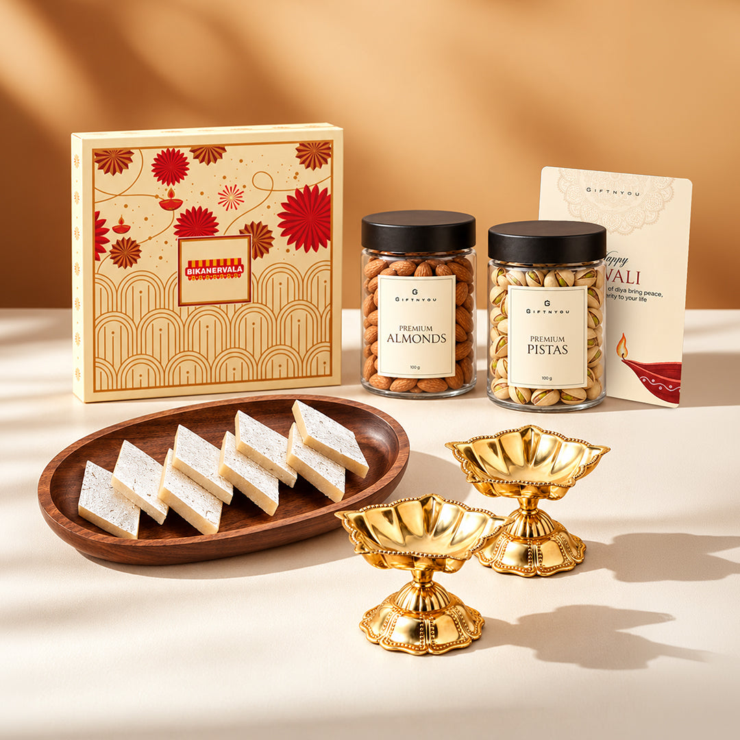 The Diwali Royal Treats Box by GiftNYou in a festive lifestyle setting