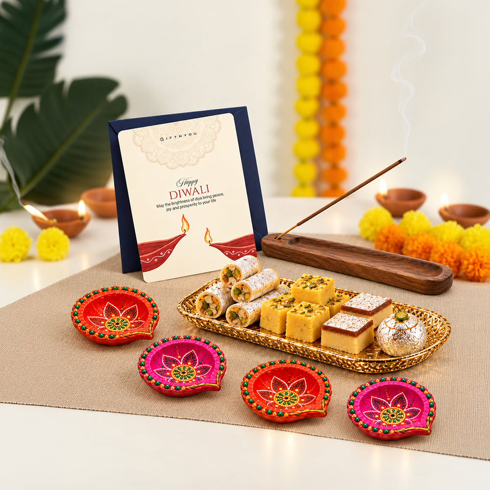 The Diwali Traditions Box by GiftNYou in a festive lifestyle setting