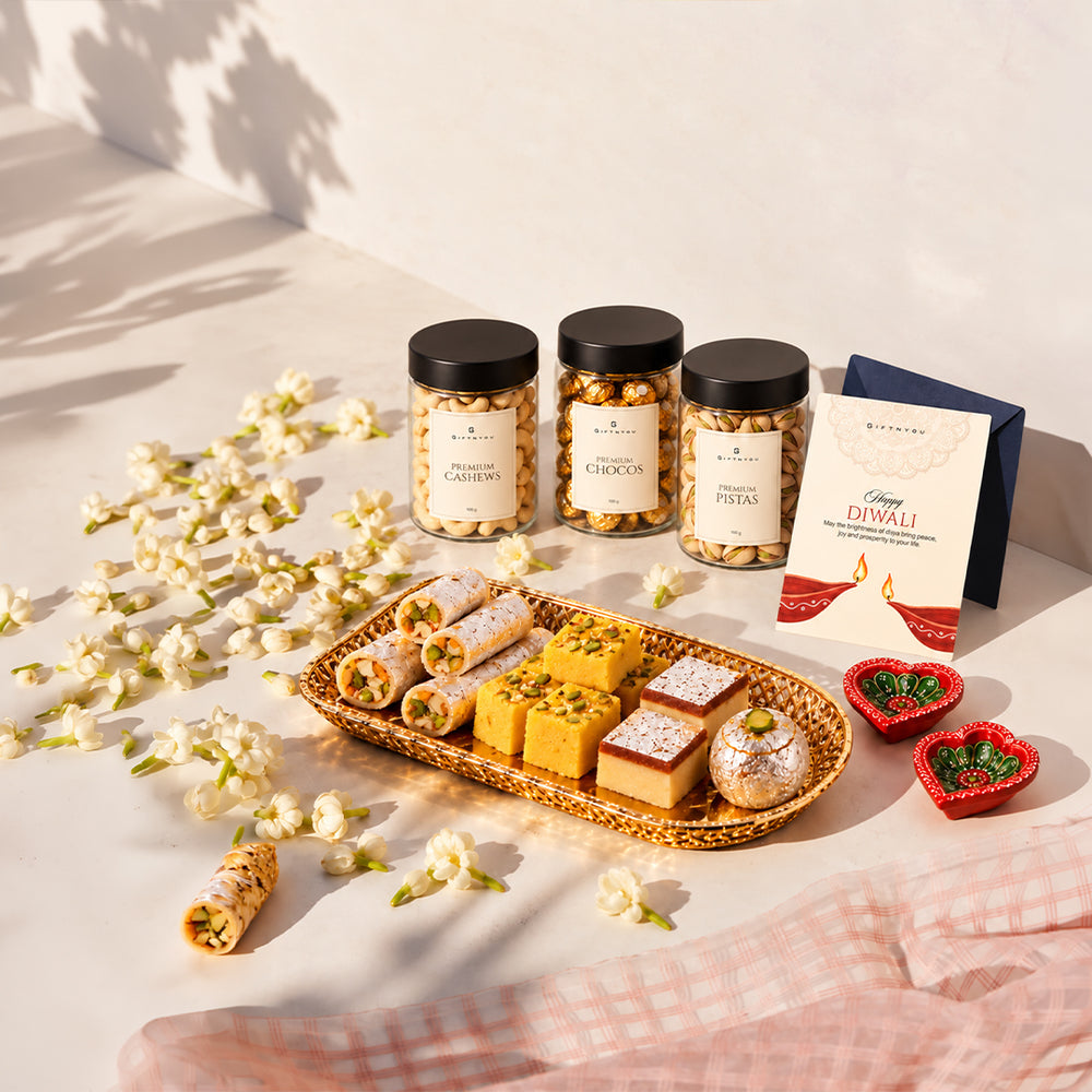 The Diwali Celebration Hamper by GiftNYou in a festive lifestyle setting