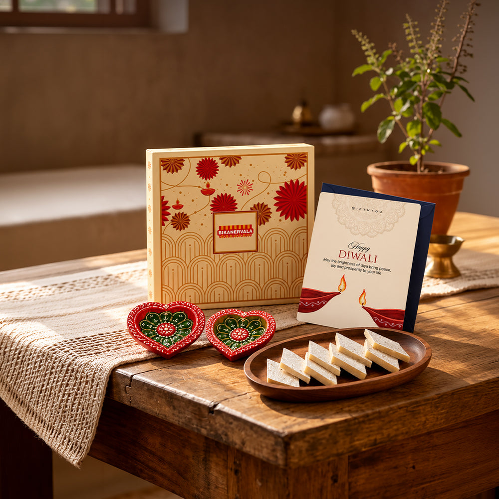 The Diwali Sweet Wishes Box by GiftNYou in a festive lifestyle setting
