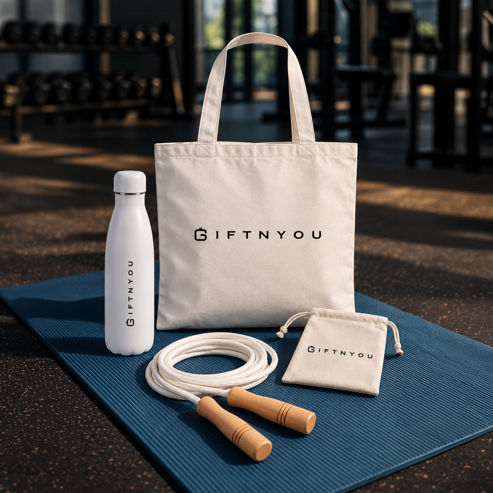 The Daily Movement Kit by GiftNYou with white water bottle, skipping rope with wooden handles, small natural-coloured drawstring pouch in a fitness setting