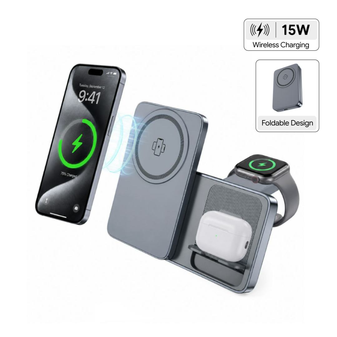 foldable 3 in 1 wireless charger grey