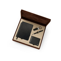 Set Of Leather Journal, Pen, Leather Wallet & Keychain – Black