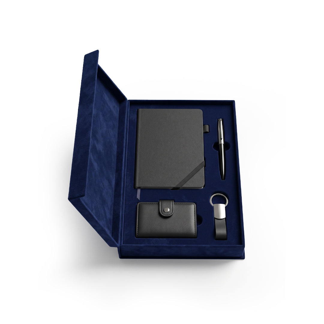 Set Of Notebook, Pen, Cardholder Wallet & Keychain – Black