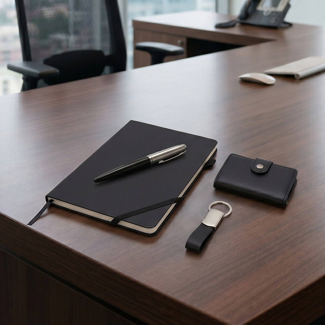 Set Of Notebook, Pen, Cardholder Wallet & Keychain – Black