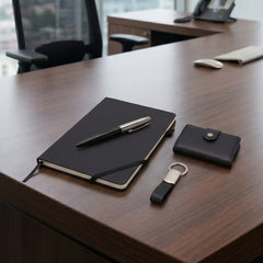 Set Of Notebook, Pen, Cardholder Wallet & Keychain – Black