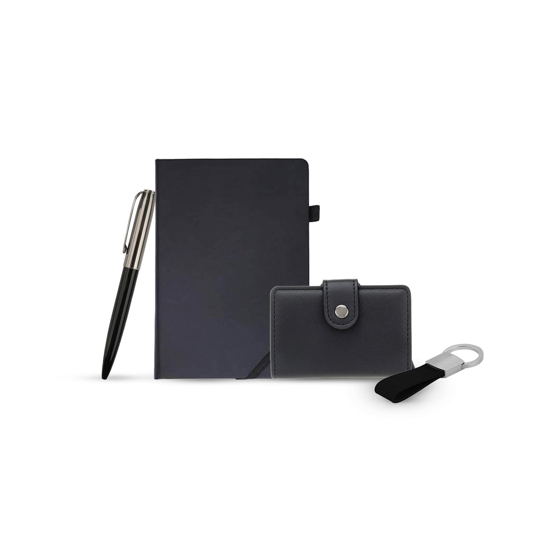 Set Of Notebook, Pen, Cardholder Wallet & Keychain – Black