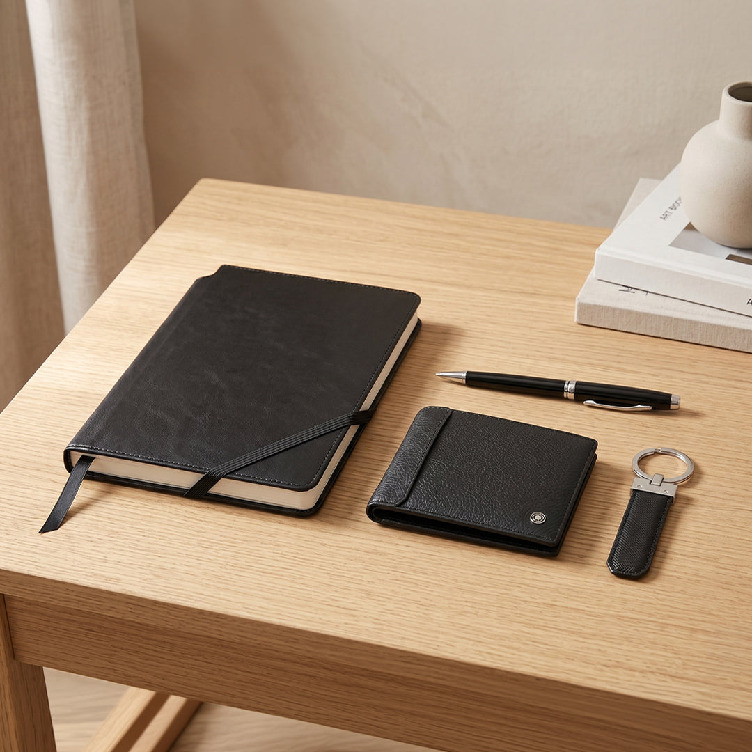 Set Of Leather Journal, Pen, Leather Wallet & Keychain – Black