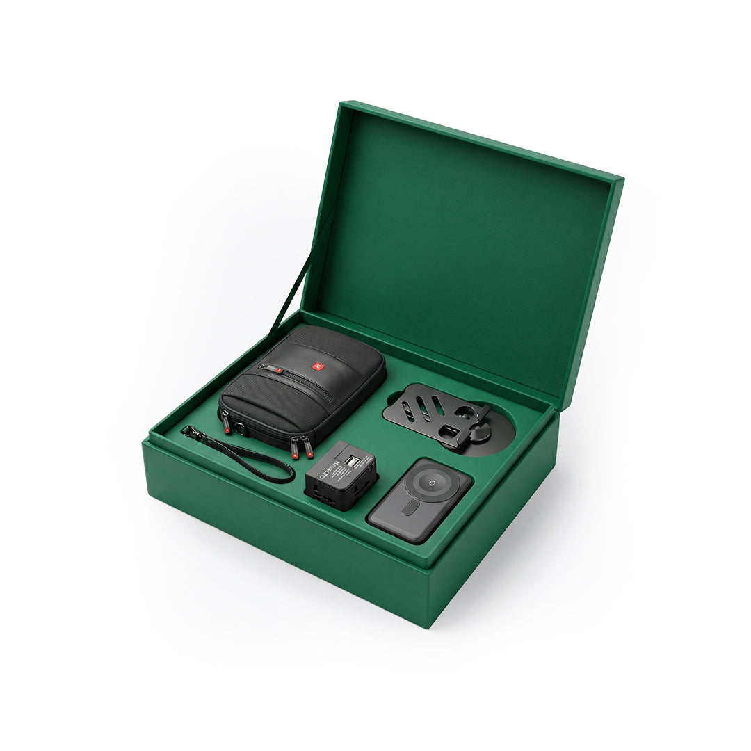Set Of Travel Bag, Powerbank, Travel Adapter & Phone Stand