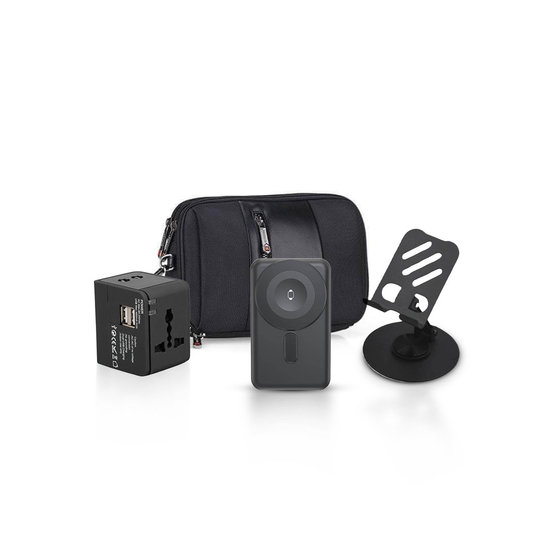 Set Of Travel Bag, Powerbank, Travel Adapter & Phone Stand