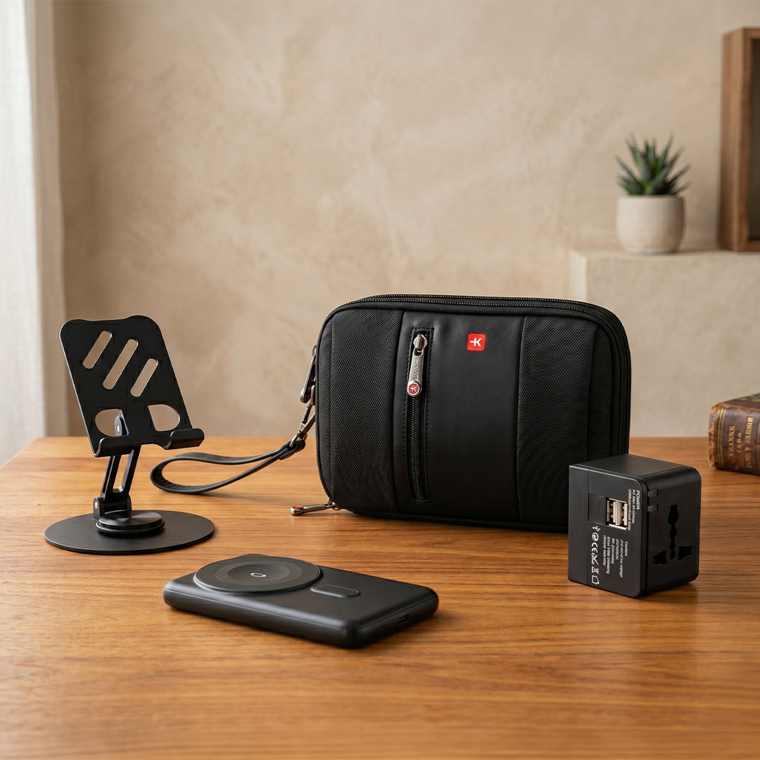 Set Of Travel Bag, Powerbank, Travel Adapter & Phone Stand