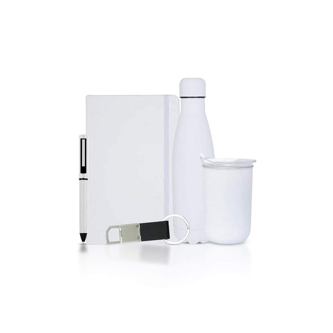 Set Of Mug, Bottle, Notebook, Pen & Keychain - White