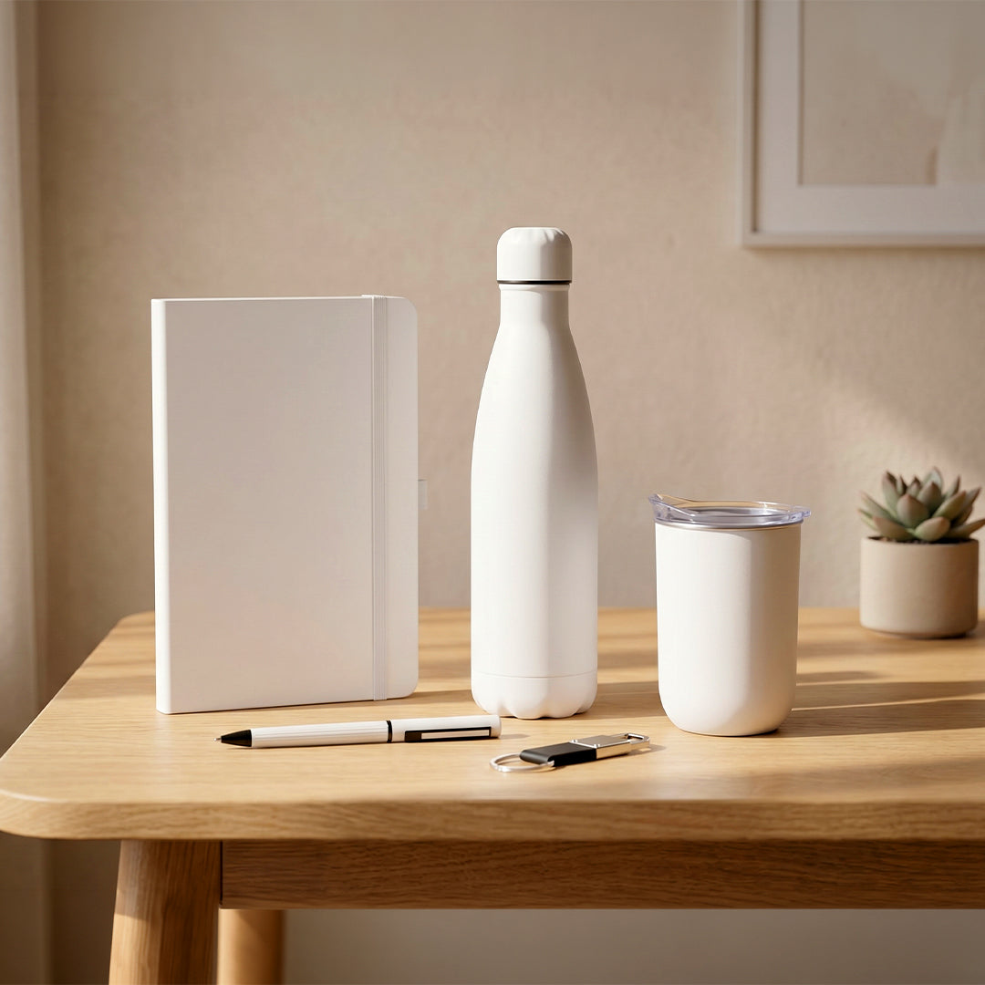 Set Of Mug, Bottle, Notebook, Pen & Keychain - White