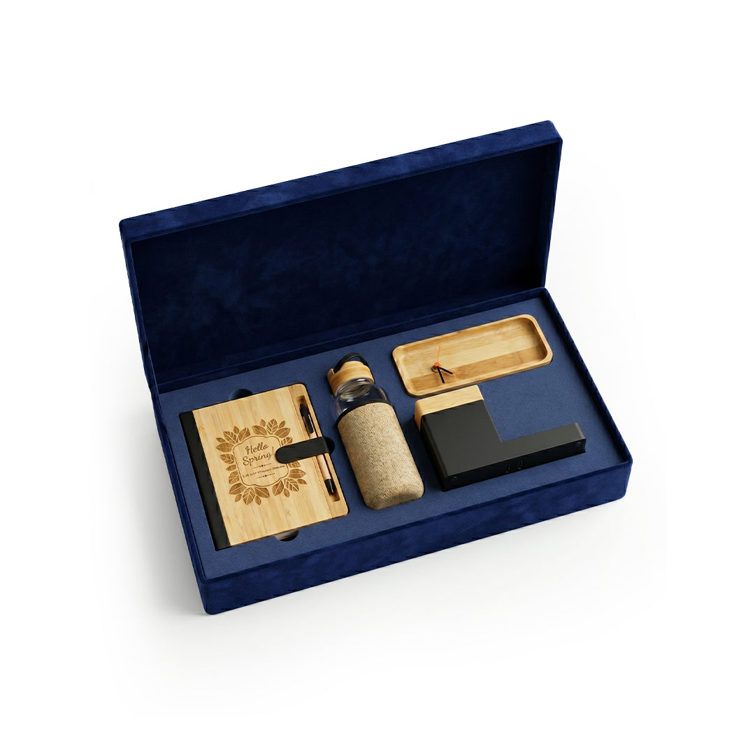 Set Of Glass Bottle, Pen Holder with Charger, Notebook & Desk Clock