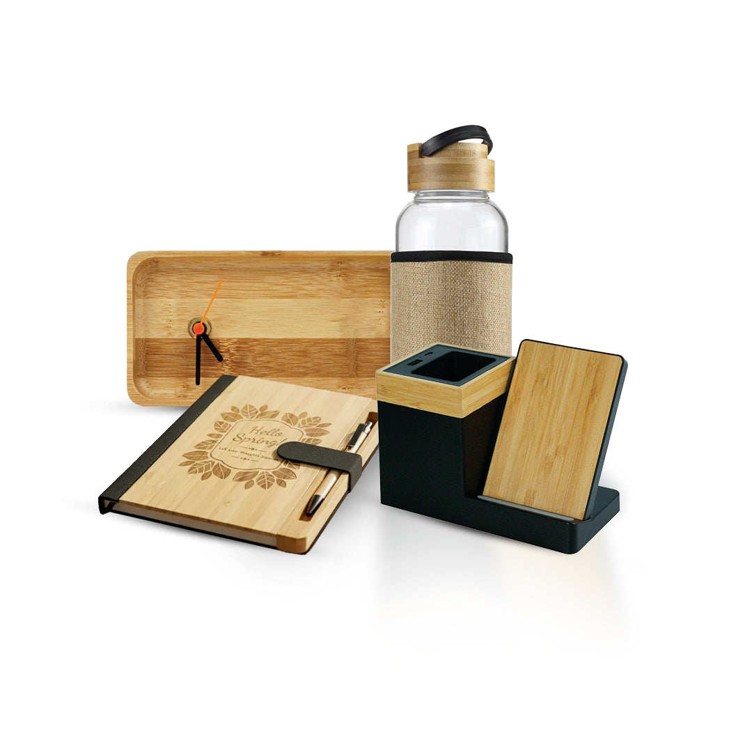 Set Of Glass Bottle, Pen Holder with Charger, Notebook & Desk Clock