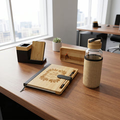 Set Of Glass Bottle, Pen Holder with Charger, Notebook & Desk Clock